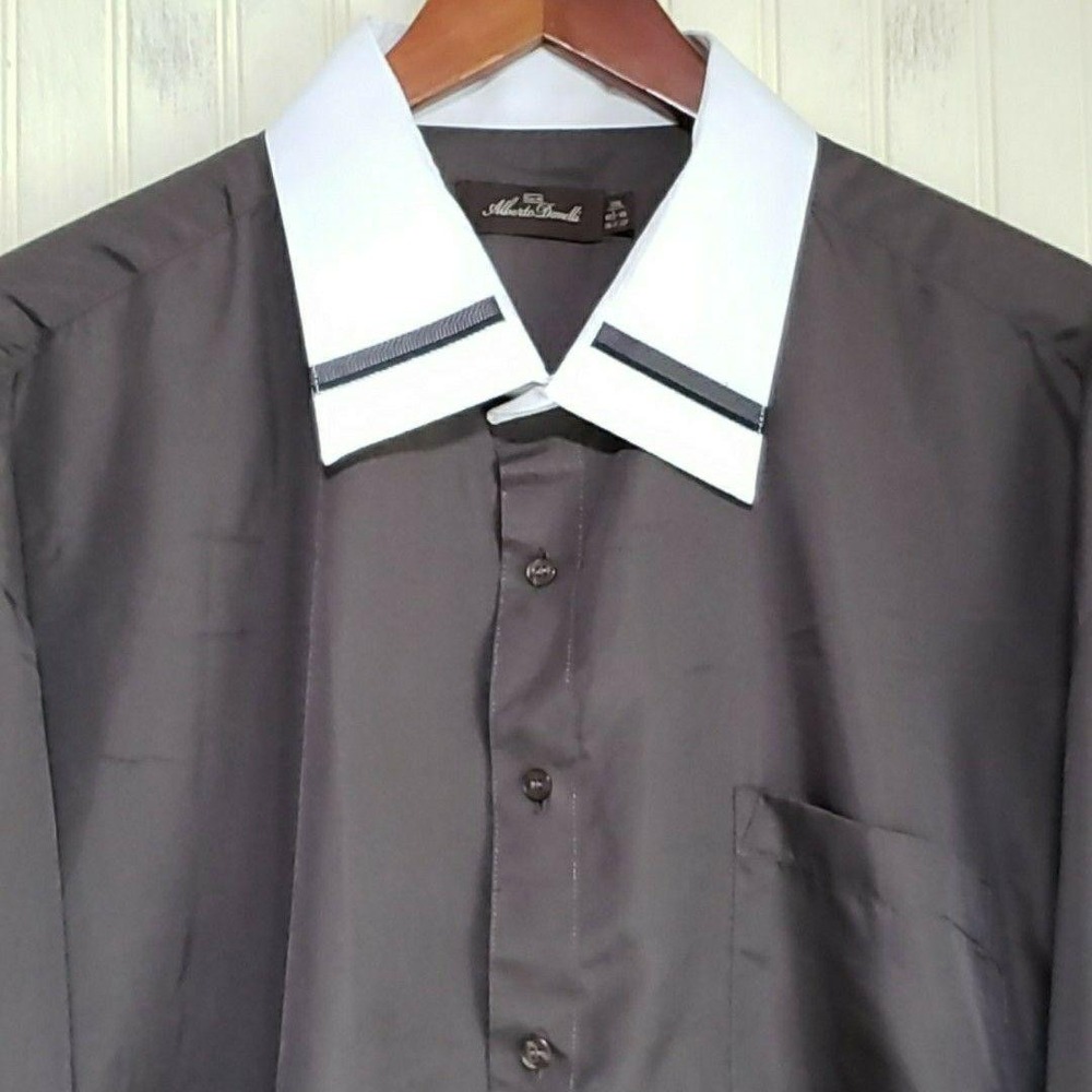Alberto Danelli Dress Shirt Mens 3XL Gray Contrast Collar Cuffs Long Sleeve